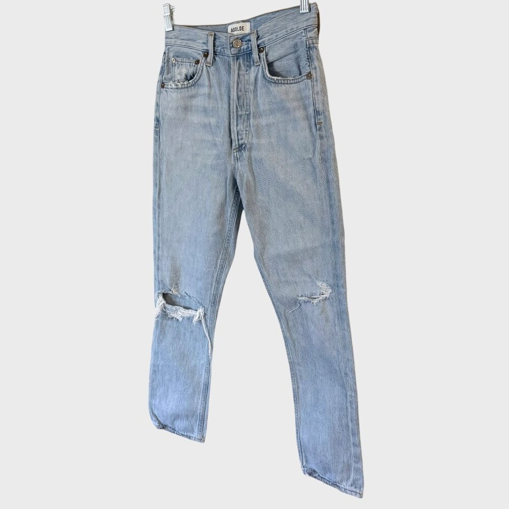 Agolde Riley High-Rise Straight Crop Jeans Blue Women's 24 Distressed Button-Fly - Picture 2 of 11